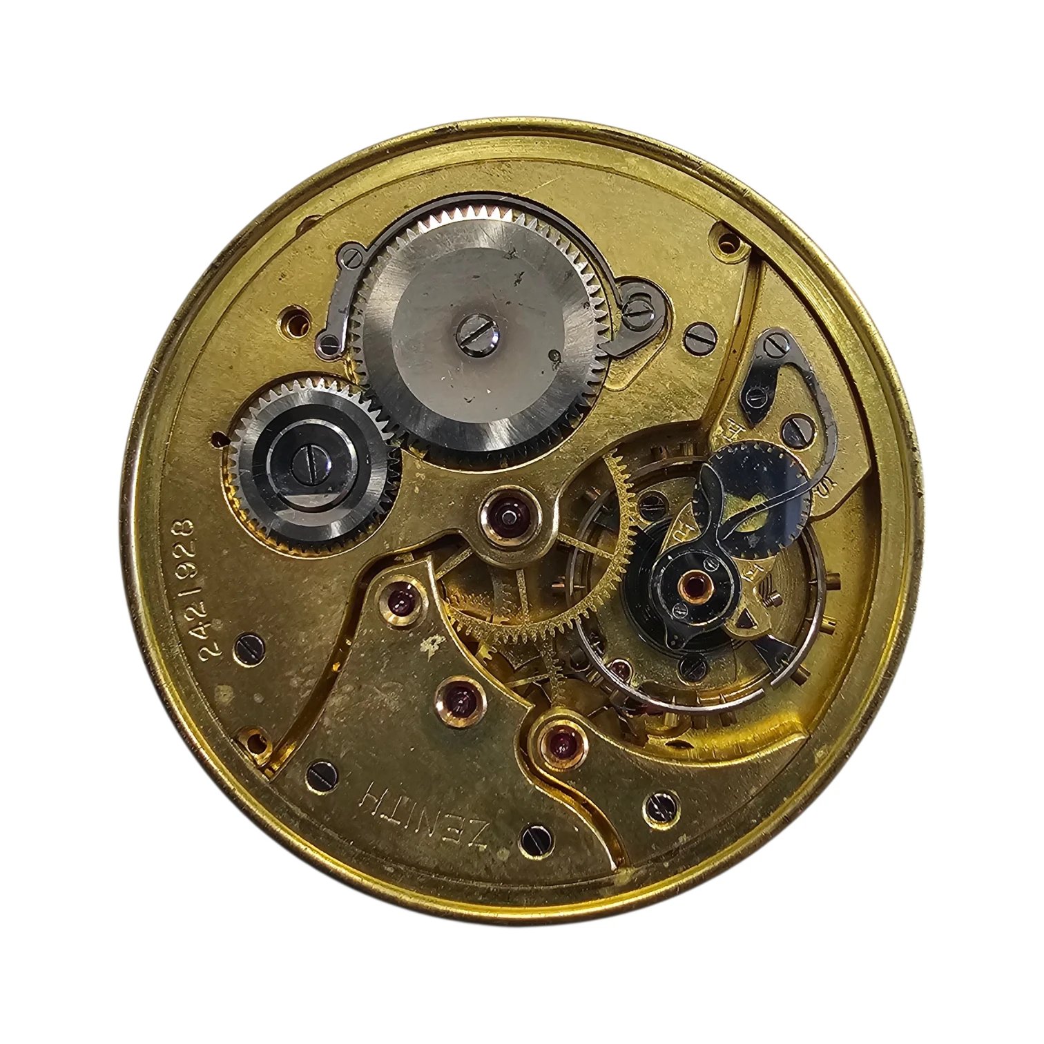 Movimento da tasca vintage Zenith firmato sulla platina con numero di serie 2421928.
